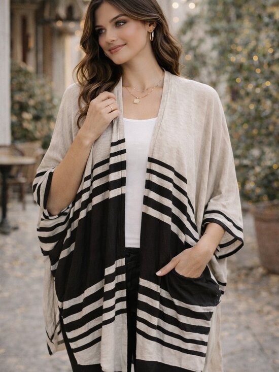 H&M Sweaters - H&M Boho Striped Poncho Cardigan | Open Front Neutral Layer | XS–M Fit